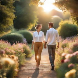 A romantic scene featuring a couple holding hands and walking through a beautiful garden filled with blooming flowers