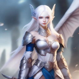 A beautiful albino elf dragoness dressed in a war outfit with slight suggestive themes