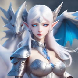 A beautiful albino elf dragoness dressed in a war outfit with slight suggestive themes