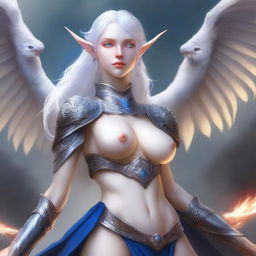 A beautiful and realistic depiction of an albino elf dragoness dressed in a semi-nude war outfit with slight suggestive themes