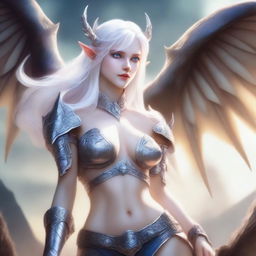 A beautiful and realistic depiction of an albino elf dragoness dressed in a semi-nude war outfit with slight suggestive themes