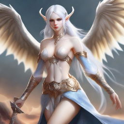 A beautiful and realistic depiction of an albino elf dragoness dressed in a semi-nude war outfit with slight suggestive themes