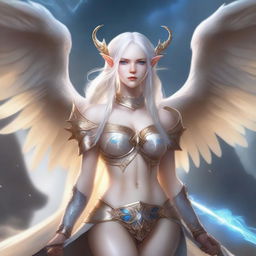 A beautiful and realistic depiction of an albino elf dragoness dressed in a semi-nude war outfit with slight suggestive themes