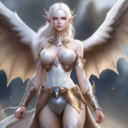 A beautiful and realistic depiction of an albino elf dragoness dressed in a semi-nude war outfit with slight suggestive themes