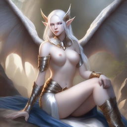 A beautiful and realistic depiction of an albino elf dragoness sitting provocatively in a semi-nude war outfit with slight suggestive themes