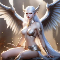 A beautiful and realistic depiction of an albino elf dragoness sitting provocatively in a semi-nude war outfit with slight suggestive themes