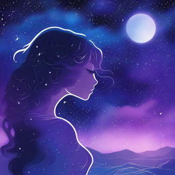 The cover features a starry background in blue and purple tones, with the silhouette of a curvy girl looking towards the horizon, lost in her thoughts