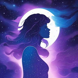 The cover features a starry background in blue and purple tones, with the silhouette of a curvy girl looking towards the horizon, lost in her thoughts