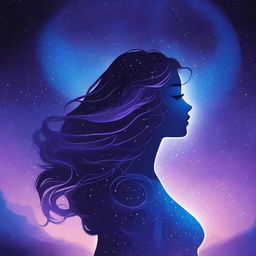 The cover features a starry background in blue and purple tones, with the silhouette of a curvy girl looking towards the horizon, lost in her thoughts