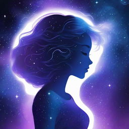 The cover features a starry background in blue and purple tones, with the silhouette of a curvy girl looking towards the horizon, lost in her thoughts