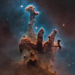 A detailed representation of the Pillars of Creation, a feature within the Eagle Nebula. They are tall columns of gas lit from above by bright stars. Include the surrounding space dust and distant stars.