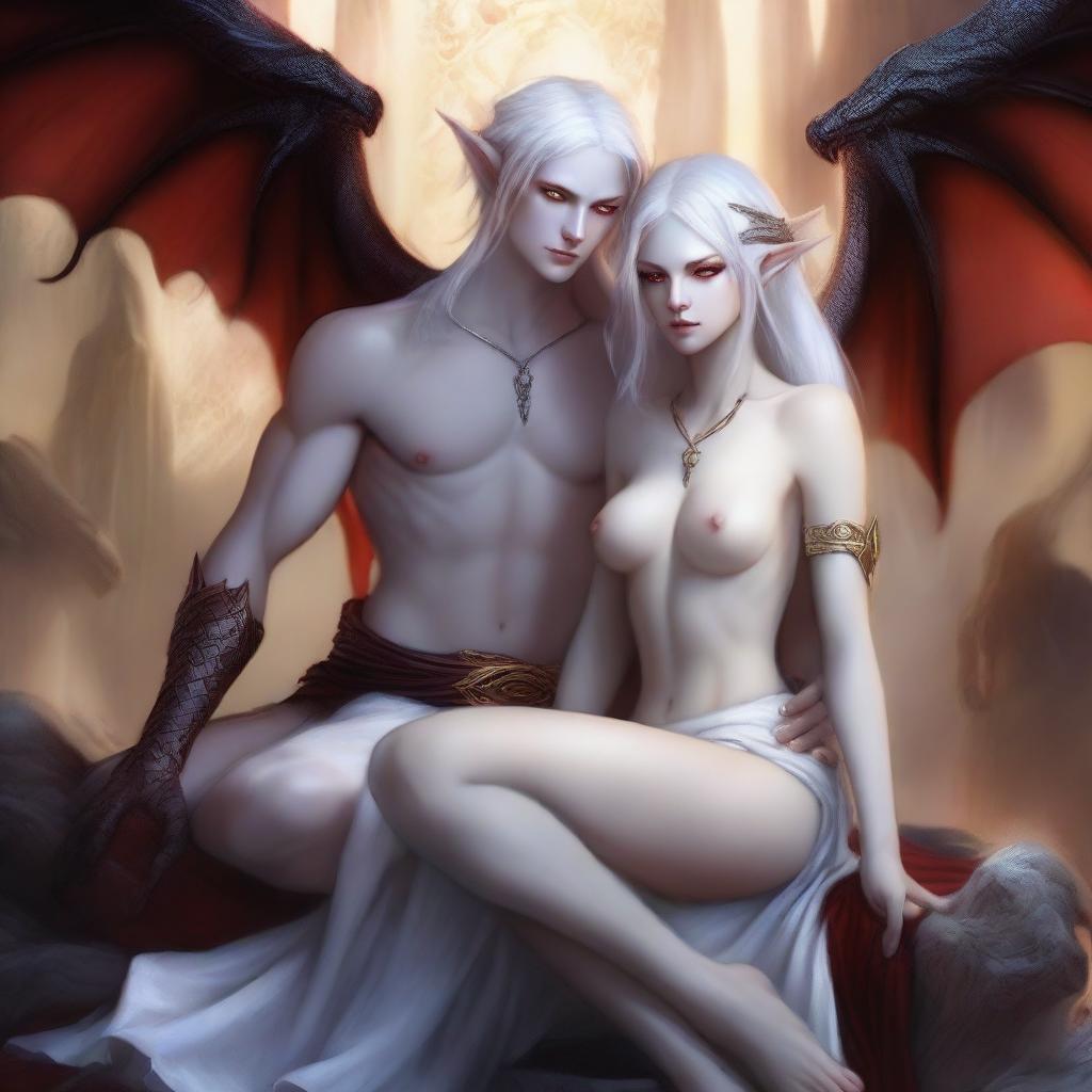 A realistic depiction of an albino elf dragoness in a semi-nude state, sitting with her legs open on a young, fair-skinned dark mage with red eyes