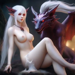 A high-definition 1080p realistic depiction of an albino elf dragoness in a semi-nude state, sitting with her legs open on a young, fair-skinned dark mage with red eyes