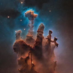 A detailed representation of the Pillars of Creation, a feature within the Eagle Nebula. They are tall columns of gas lit from above by bright stars. Include the surrounding space dust and distant stars.