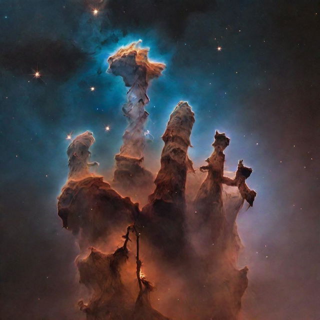 A detailed representation of the Pillars of Creation, a feature within the Eagle Nebula. They are tall columns of gas lit from above by bright stars. Include the surrounding space dust and distant stars.