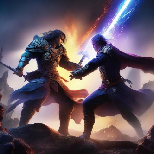 A dynamic and intense battle scene between two characters, RAINENMC and JAN, in a fantasy setting