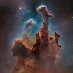 A detailed representation of the Pillars of Creation, a feature within the Eagle Nebula. They are tall columns of gas lit from above by bright stars. Include the surrounding space dust and distant stars.