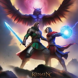 A dynamic and intense title battle scene between two characters, RAINENMC and JAN, in a fantasy setting