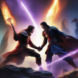 A dynamic and intense title battle scene between two characters, RAINENMC and JAN, in a fantasy setting