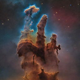 A detailed representation of the Pillars of Creation, a feature within the Eagle Nebula. They are tall columns of gas lit from above by bright stars. Include the surrounding space dust and distant stars.