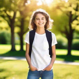 A vibrant and cheerful image of a teenager enjoying a sunny day outside, surrounded by nature