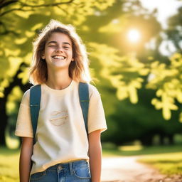 A vibrant and cheerful image of a teenager enjoying a sunny day outside, surrounded by nature