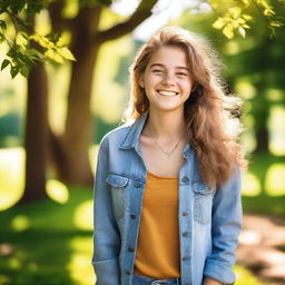 A vibrant and cheerful image of a teenager enjoying a sunny day outside, surrounded by nature