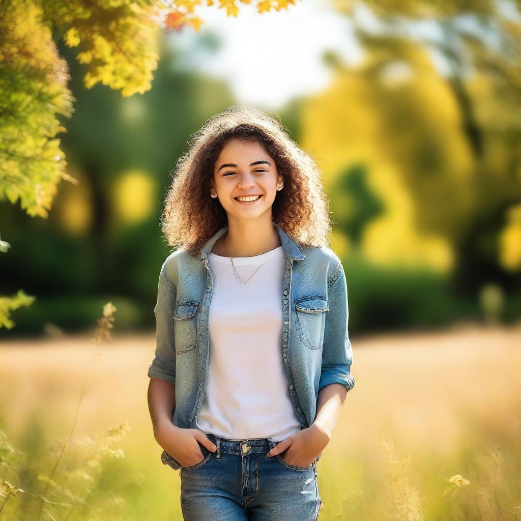 A vibrant and cheerful image of a teenager enjoying a sunny day outside, surrounded by nature