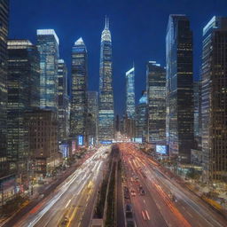 A vivid image of a dynamic cityscape marked by modern, tall, glass skyscrapers with bright city lights and bustling traffic. The scene depicts the essence of the present time.