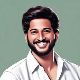 Create a realistic portrait of Dulquer Salmaan, the popular Indian actor, known for his charming looks and charismatic presence