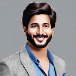 Create a realistic portrait of Dulquer Salmaan, the popular Indian actor, known for his charming looks and charismatic presence