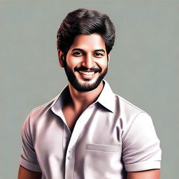 Create a realistic portrait of Dulquer Salmaan, the popular Indian actor, known for his charming looks and charismatic presence