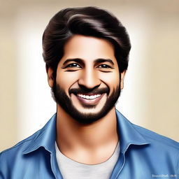 Create a realistic portrait of Dulquer Salmaan, the popular Indian actor, known for his charming looks and charismatic presence