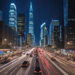 A vivid image of a dynamic cityscape marked by modern, tall, glass skyscrapers with bright city lights and bustling traffic. The scene depicts the essence of the present time.