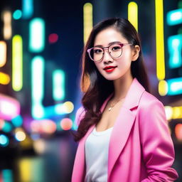 A sexy Chinese girl wearing glasses, posing confidently