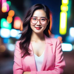 A sexy Chinese girl wearing glasses, posing confidently