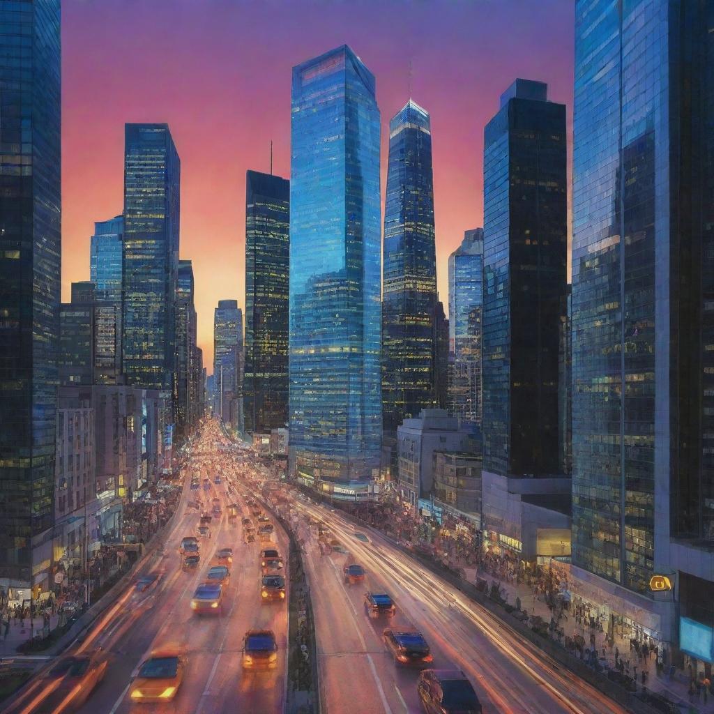 A vivid image of a dynamic cityscape marked by modern, tall, glass skyscrapers with bright city lights and bustling traffic. The scene depicts the essence of the present time.