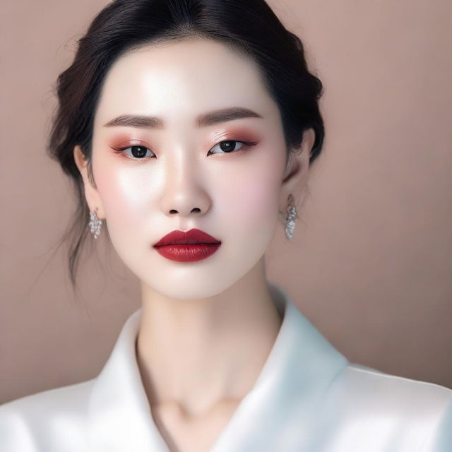 A beautiful and sexy person with fair skin, wearing natural Douyin-style makeup