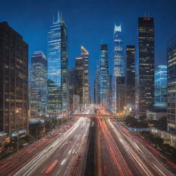 A vivid image of a dynamic cityscape marked by modern, tall, glass skyscrapers with bright city lights and bustling traffic. The scene depicts the essence of the present time.