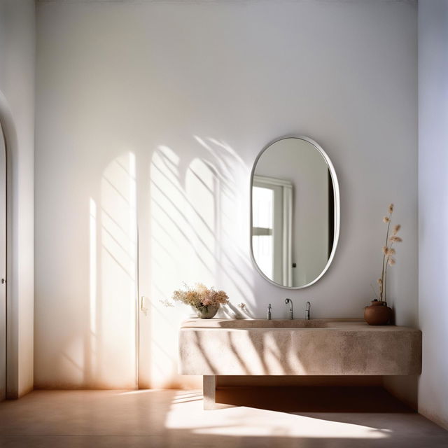 A serene bathroom with clean white plaster wall, dainty stone vanity, oval mirror, vase with dried flowers, and delicate terracotta tiles on the floor, all bathed in shards of light casting soft shadows.