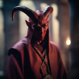 A tiefling character with red skin and horns is depicted wearing a bandage over his eyes and dressed in traditional priest clothes