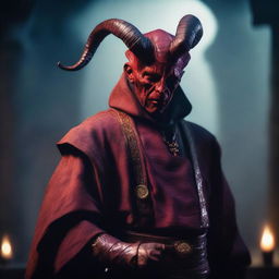 A tiefling character with red skin and horns is depicted wearing a bandage over his eyes and dressed in traditional priest clothes