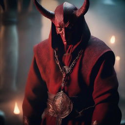 A tiefling character with red skin and horns is depicted wearing a bandage over his eyes and dressed in traditional priest clothes