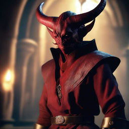 A tiefling character with a more human-like appearance, featuring subtle red skin and small horns, is depicted wearing a bandage over his eyes and dressed in traditional priest clothes