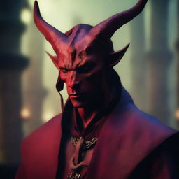 A tiefling character with a more human-like appearance, featuring subtle red skin and small horns, is depicted wearing a bandage over his eyes and dressed in traditional priest clothes