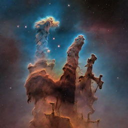 An image of the Pillars of Creation as they might exist today. They are tall columns within the Eagle Nebula, glowing from the illumination of bright stars above. Include surrounding space dust and stars.