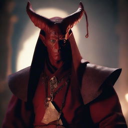 A tiefling character with a more human-like appearance, featuring subtle red skin and small horns, is depicted wearing a bandage over his eyes and dressed in traditional priest clothes