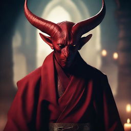 A tiefling character with a more human-like appearance, featuring subtle red skin and small horns, is depicted wearing a bandage over his eyes and dressed in traditional priest clothes