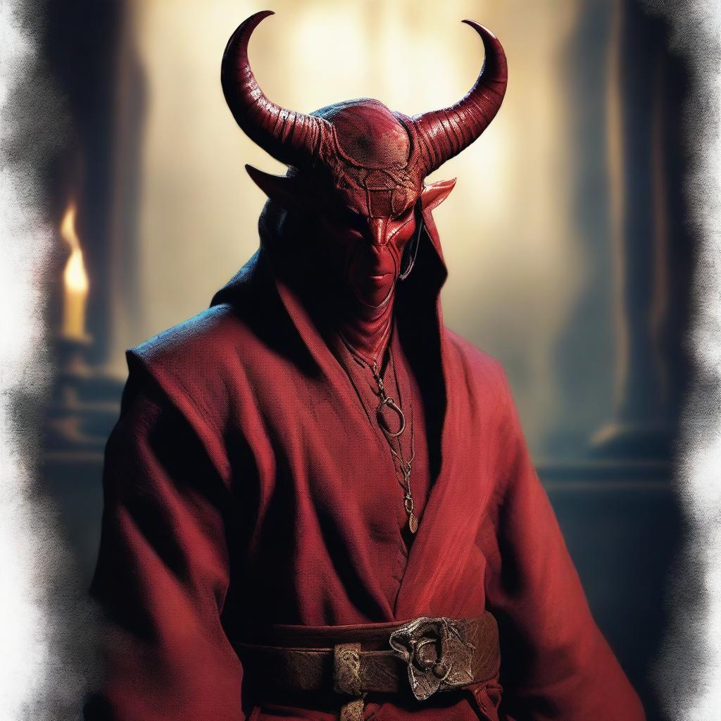 A tiefling character with horns is depicted wearing a bandage over his eyes and dressed in traditional priest clothes