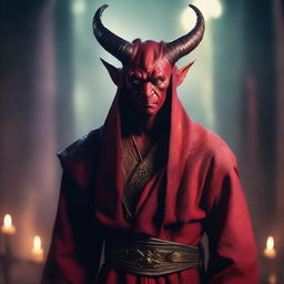 A tiefling character with horns is depicted wearing a bandage over his eyes and dressed in traditional priest clothes